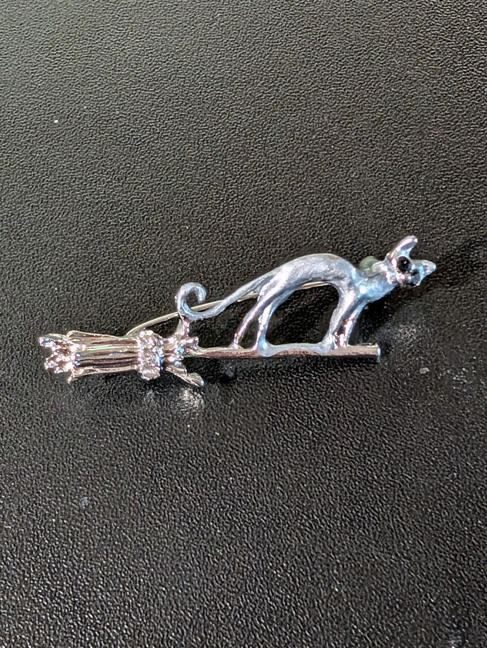 Silver Cat on Broomstick Brooch - Silver Color